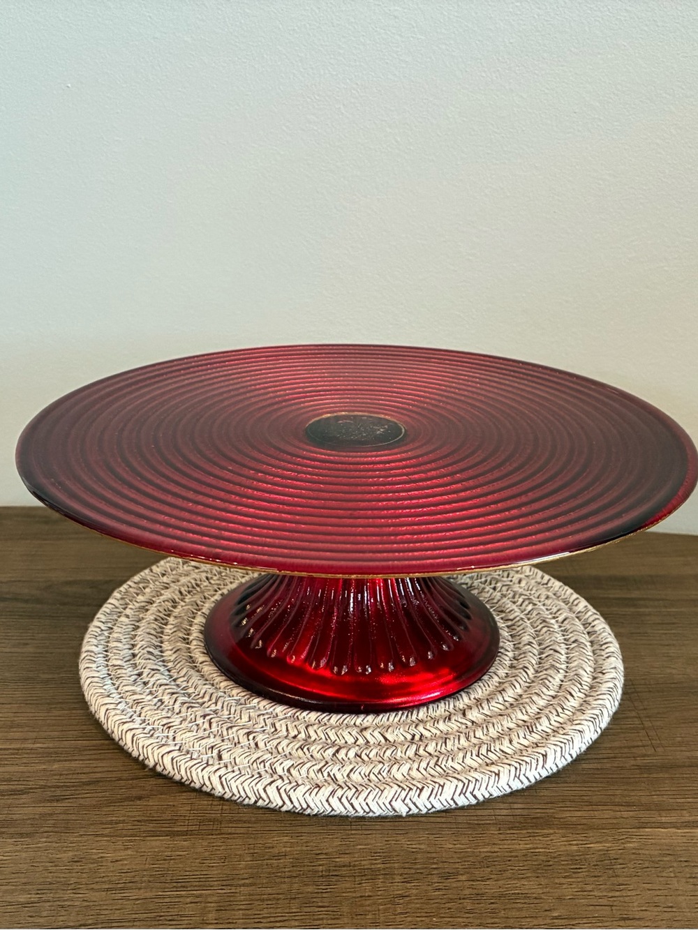 Vintage Bohemian 9” Ruby Red Flashed Glass Pedestal Cake Stand w/ Golden Base